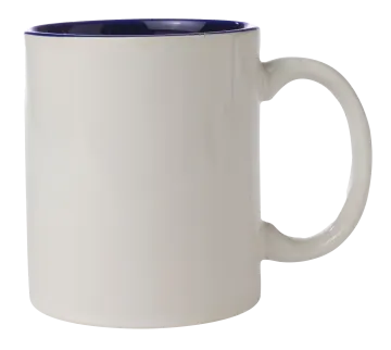 a white mug with a blue rim