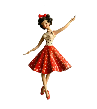 a woman in a red and white polka dot dress