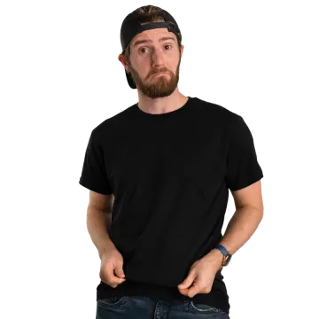 a man wearing a black t - shirt and jeans