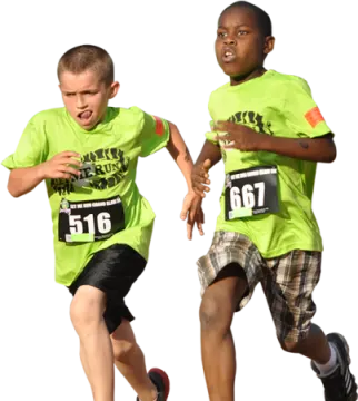 two young boys running in a race