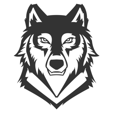 a black and white wolf head on a white background