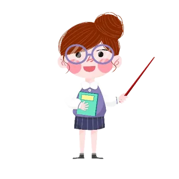 a girl with glasses holding a book and a pointer