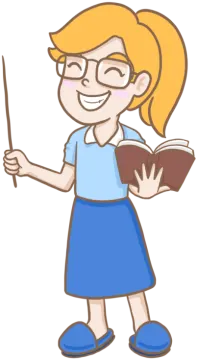 a girl with glasses holding a book and pointer