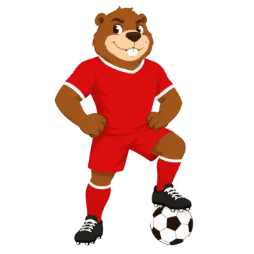a cartoon bear in a red shirt and soccer shoes