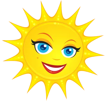 a smiling sun with blue eyes