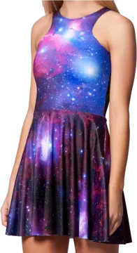 a woman wearing a galaxy print dress