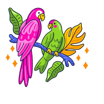 two colorful parrots sitting on a branch