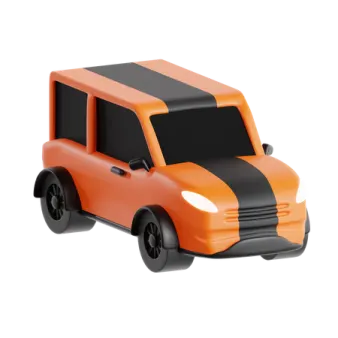 a toy car with black and orange stripes