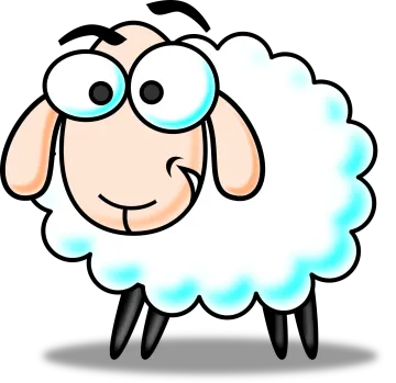 a cartoon sheep with blue eyes