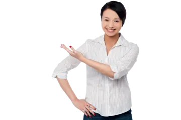 a woman in a white shirt pointing at the camera