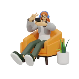 a person sitting in an orange chair with headphones on