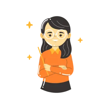 a woman in an orange shirt and glasses with her arms crossed