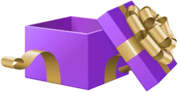 a purple gift box with a gold bow