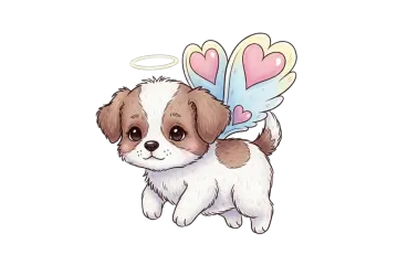 a little puppy with angel wings on his head