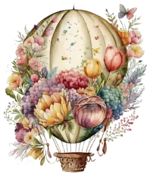 an illustration of a hot air balloon with flowers and butterflies