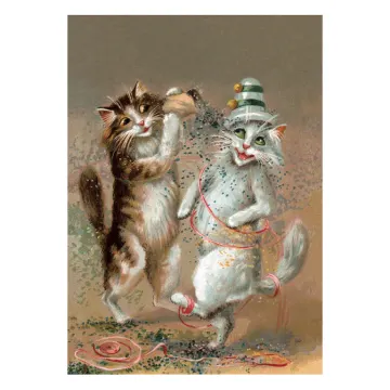 a painting of two cats playing with a ball