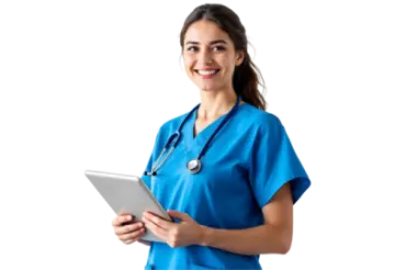 a woman in scrubs holding a tablet