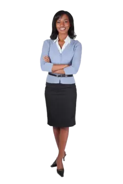 a woman in a blue shirt and black skirt