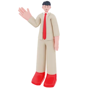 a man in a suit and tie with his hand out