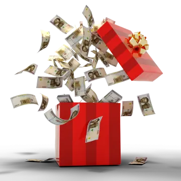 a red gift box filled with money