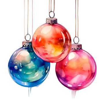 three watercolor christmas ornaments on a white background