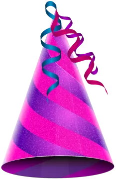 a party hat with pink and purple stripes