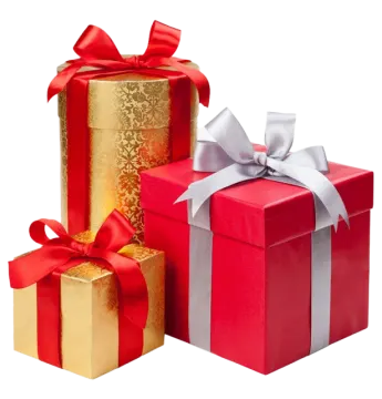 three red and gold gift boxes with bows