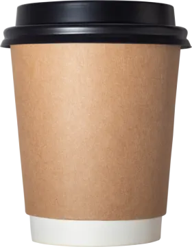 a brown paper cup with black lid