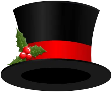 a black top hat with holly and red ribbon