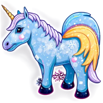a blue and yellow unicorn standing in the snow