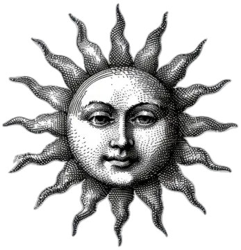 a black and white drawing of the sun