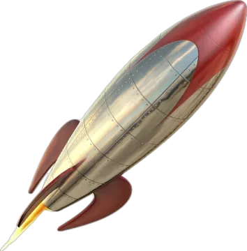 a red and silver rocket flying through the air