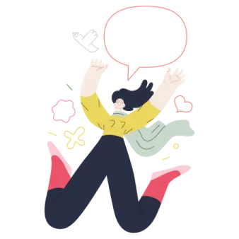 a woman sitting on the floor with her hands up and a speech bubble above her head