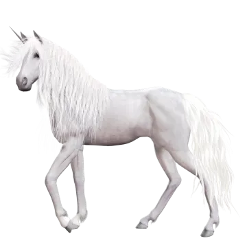 a white unicorn with long hair walking