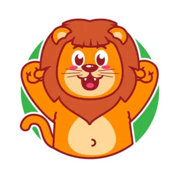 a cartoon lion with green leaves around it