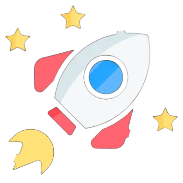 a rocket with stars flying around it