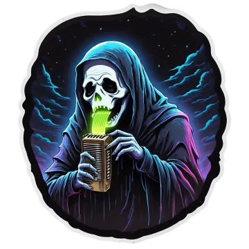 a skeleton with a green light in his mouth