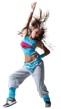 a woman in a blue top and grey pants