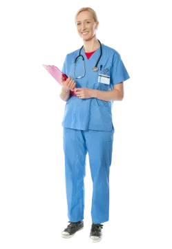a female nurse holding a clipboard
