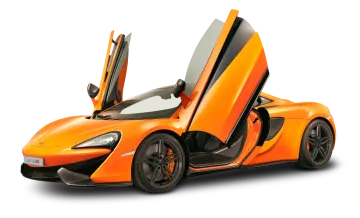 an orange mclaren car on a white background