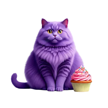 a purple cat sitting next to a cupcake