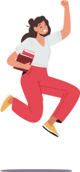 a woman jumping in the air while holding a book