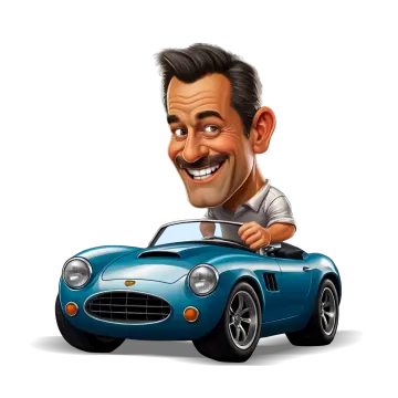 a cartoon character in a blue sports car