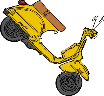 a yellow motorcycle with a brown bag on it