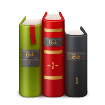 three books with red and green covers