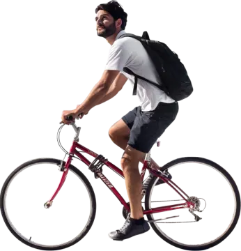 a man riding a bike with a backpack on his back