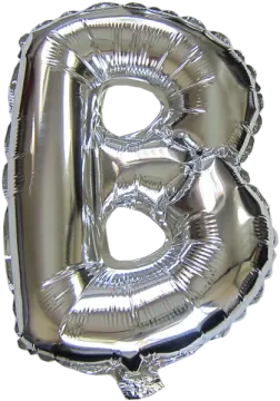 a silver foil balloon with the letter b on it