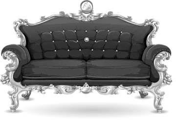 a black and white couch with silver accents