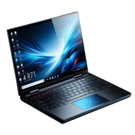 a laptop with a blue and red design on it