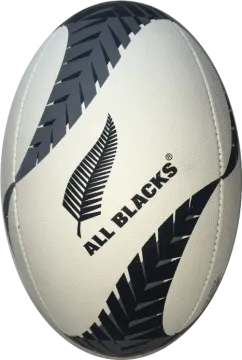 a white and black rugby ball with an all blacks logo